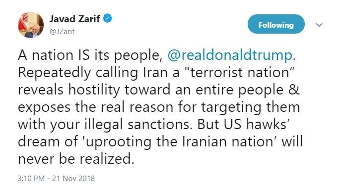 ظریف: رؤیای جنگ‌طلب‌های آمریکایی برای ریشه‌کن کردن ملت ایران هرگز محقق نمی‌شود