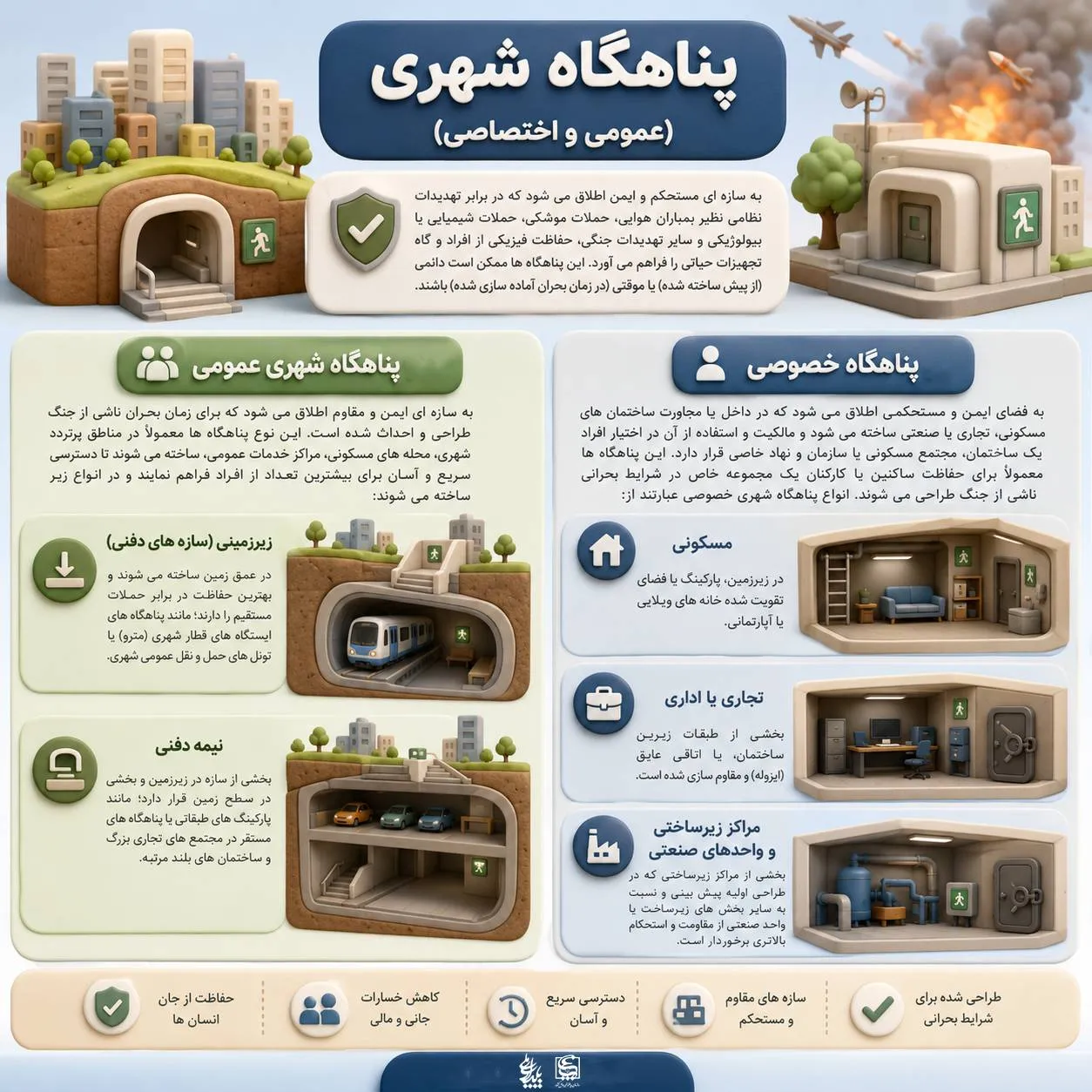 پناهگاه شهري (عمومي و اختصاصي): به سازه اي مستحكم و ايمن اطلاق ميشود كه در برابر تهديدات نظامي نظير بمباران هوايي، حملات موشكي، حملات شيميايي يا بيولوژيكي و ساير تهديدات جنگي، حفاظت فيزيكي از افراد و گاه تجهيزات حياتي را فراهم ميآورد. پناهگاه شهري (عمومي و اختصاصي): به سازه اي مستحكم و ايمن اطلاق ميشود كه در برابر تهديدات نظامي نظير بمباران هوايي، حملات موشكي، حملات شيميايي يا بيولوژيكي و ساير تهديدات جنگي، حفاظت فيزيكي از افراد و گاه تجهيزات حياتي را فراهم ميآورد.